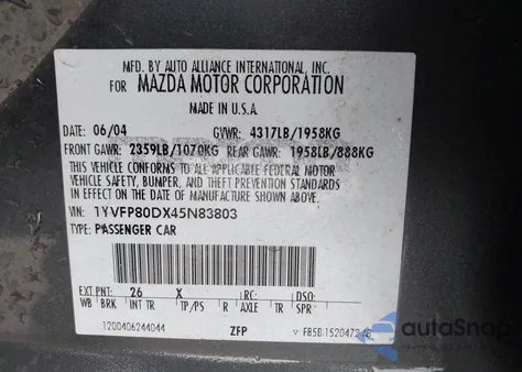 2004 Mazda Mazda6 S z USA, uszkodzony, nr VIN 1YVFP80DX45N83803